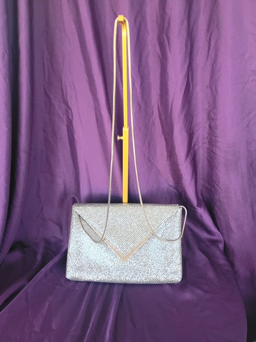 Gianni Bini Silver Glitter Envelope Clutch with Gold V Detail